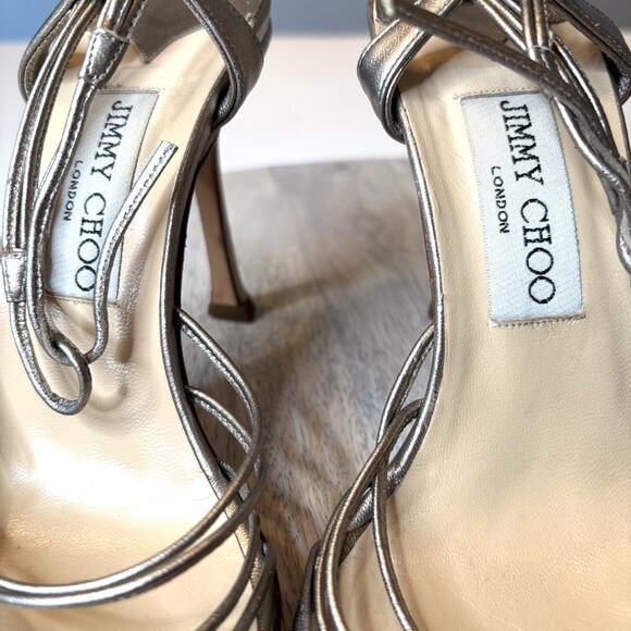 Jimmy Choo Metallic Pewter Strappy Heels EU 37 Italy Leather Sandals Sexy US 7 - Picture 6 of 10